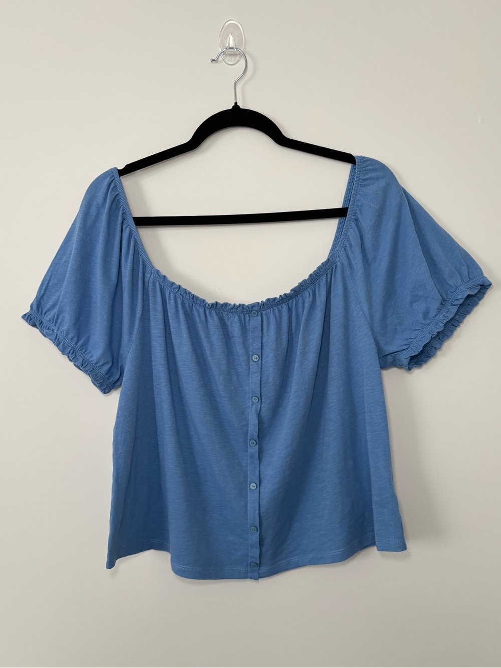American Eagle Blue Cotton Button Front Puff Sleeve Top Boho Beachy Size L